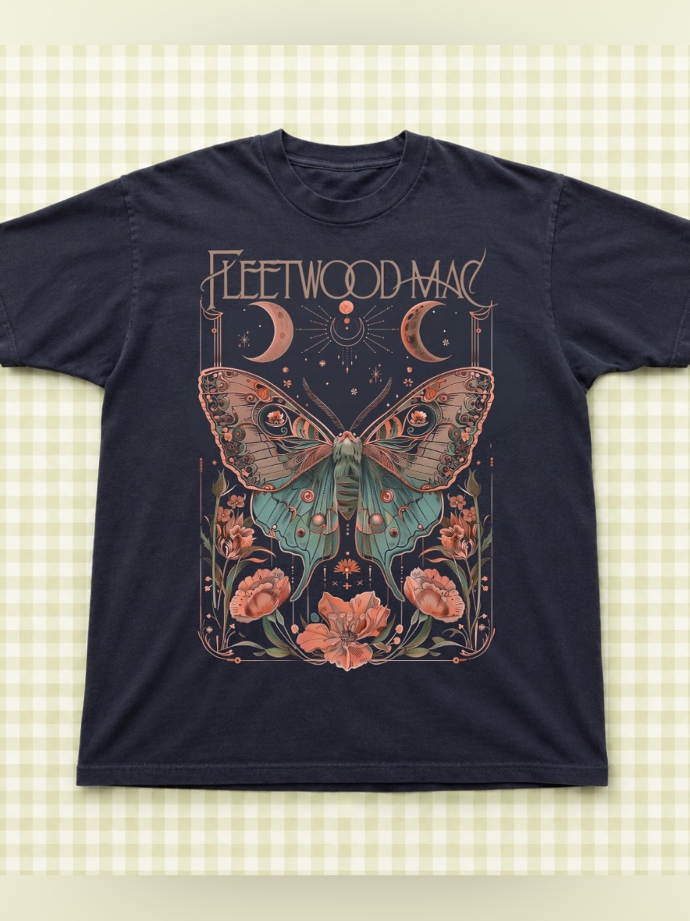 Gildan Black Fleetwood Mac Butterfly Graphic Tee, Retro Floral and Moon Print